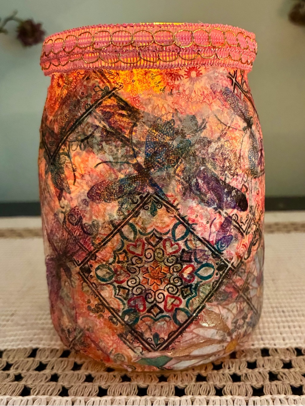 Handmade Decorative Dragonfly and Tile Design Decoupage Candleholder 5”X3”